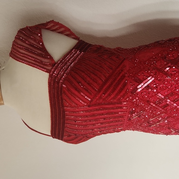 Beaded Adrianna Papell Cap Sleeve Square Neck Claret Red Dress Gown 6p - Picture 8 of 16